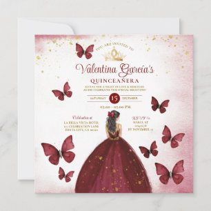 Invitación Burgundy Red Quinceañera 15 Anos Butterfly Gold