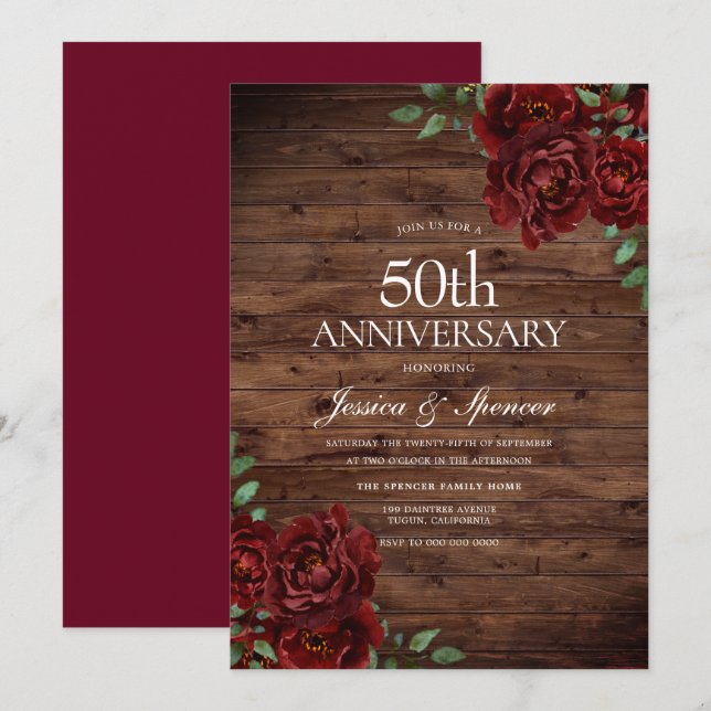 Invitación Burgundy Red Rose Rustic 50 Aniversario de Boda (Anverso / Reverso)