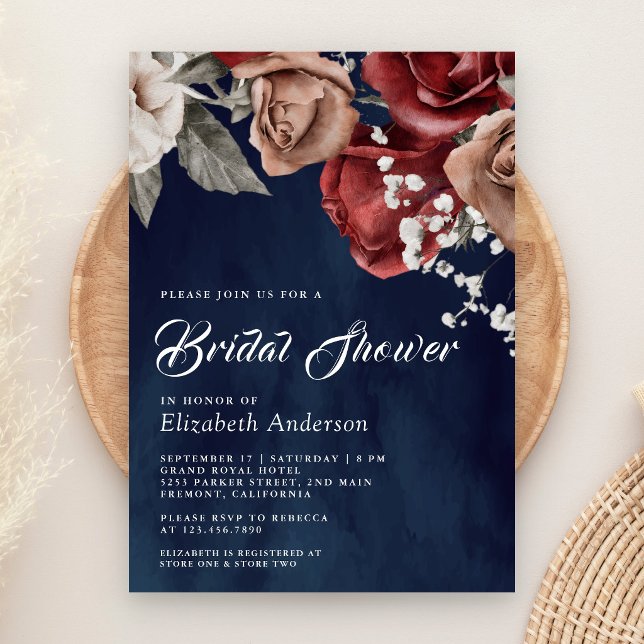 Invitación Burgundy Red Roses Floral Navy Blue Bridal Shower (Subido por el creador)