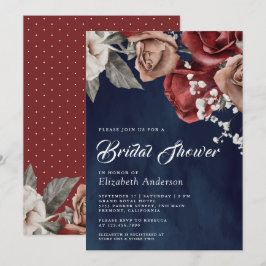 Invitación Burgundy Red Roses Floral Navy Blue Bridal Shower