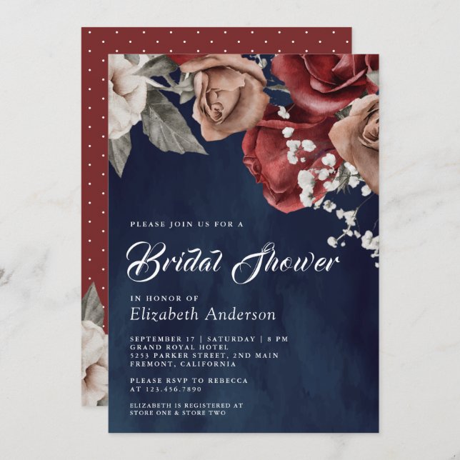 Invitación Burgundy Red Roses Floral Navy Blue Bridal Shower (Anverso / Reverso)
