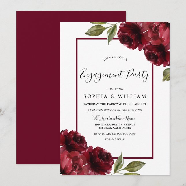 Invitación Burgundy Red Roses Partido de Compromiso Moderno (Anverso / Reverso)