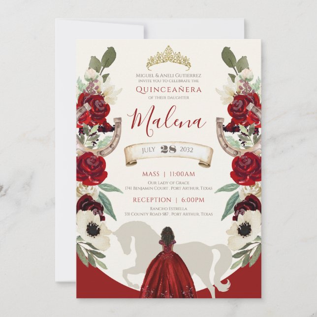 Invitación Burgundy Red Watercolor Elegante Charro Quinceaner (Anverso)
