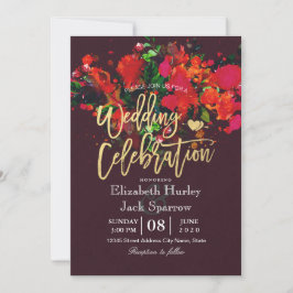 Invitación Burgundy Red Watercolor Floral Gold Script Boda