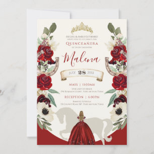 Invitación Burgundy Red Western Watercolor Charro Quinceañera