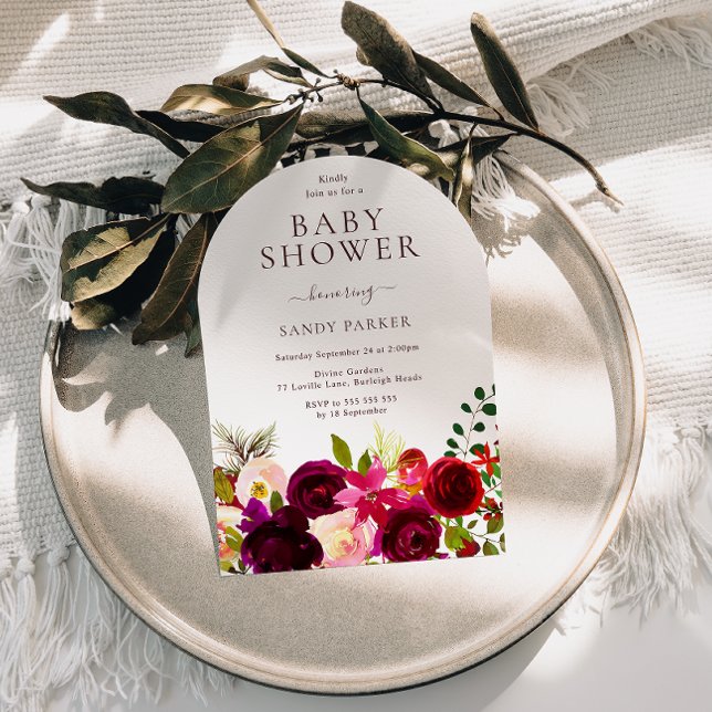 Invitación Burgundy Red Wine Boho Floral Baby Shower (Subido por el creador)