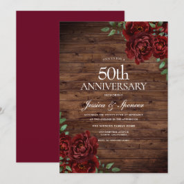 Invitación Burgundy Roja Rosa Rústica 50 Aniversario de Bodas