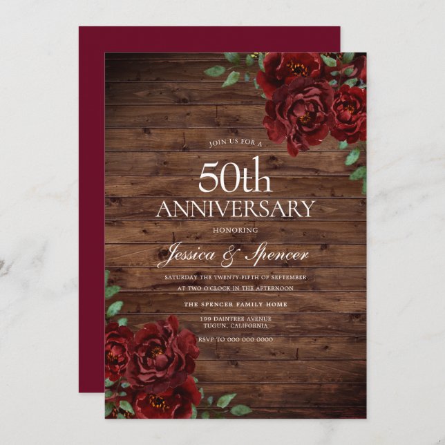 Invitación Burgundy Roja Rosa Rústico 50 Aniversario de Boda (Anverso / Reverso)