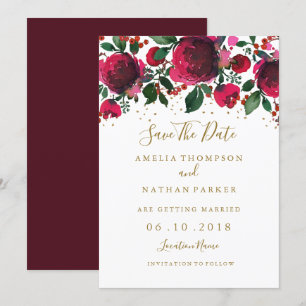 Invitación Burgundy Rojo Dorado Floral Save The Date