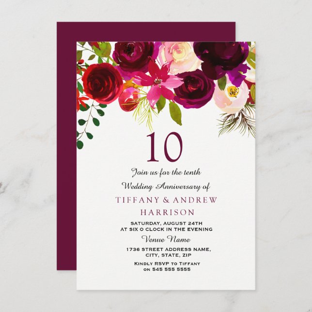 Invitación Burgundy Rojo Floral Boho 10º Aniversario de Boda (Anverso / Reverso)