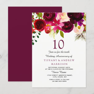 Invitación Burgundy Rojo Floral Boho 10º Aniversario de Boda