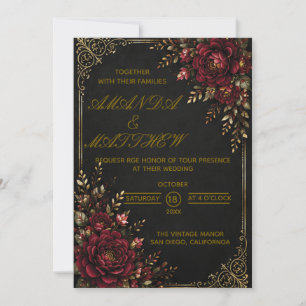 Invitación Burgundy Rojo Gótico Rosa & Filigrana Dorada