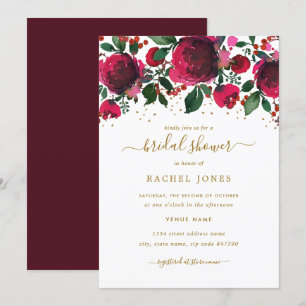 Invitación Burgundy Rojo Oro Floral Ducha de Novia
