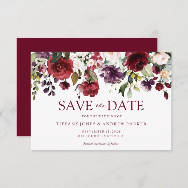 Invitación Burgundy Rojo Romántico Ahorra La Fecha de Boda (Anverso / Reverso)