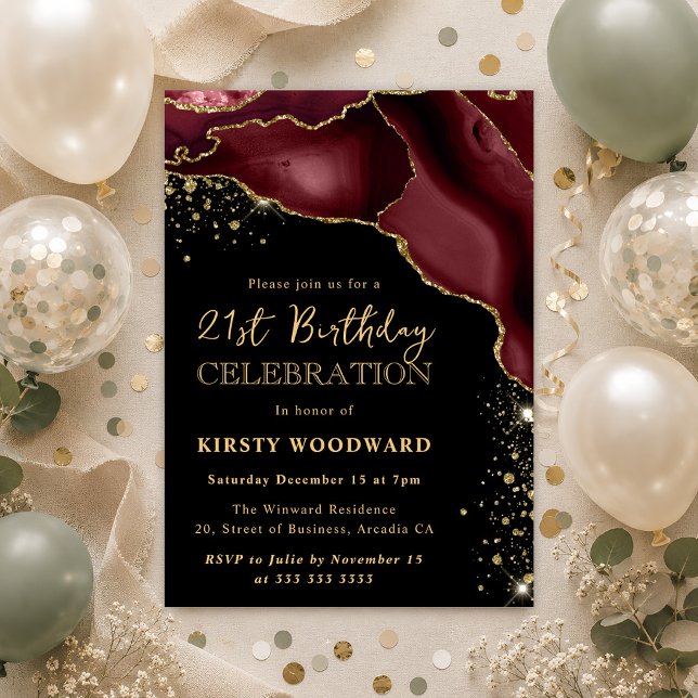 Invitación Burgundy Rojo y Dorado Agata Brillo Cumpleaños 21 (Subido por el creador)