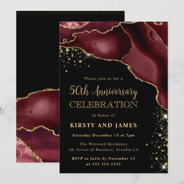 Invitación Burgundy Rojo y Dorado Agate Brillante 50 Aniversa (Anverso / Reverso)