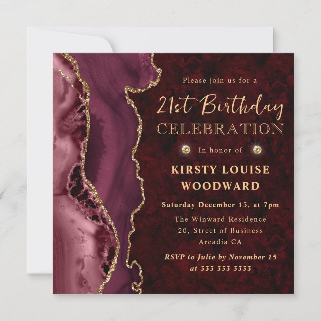Invitación Burgundy Rojo y Dorado Agate Cumpleaños 21 (Anverso)