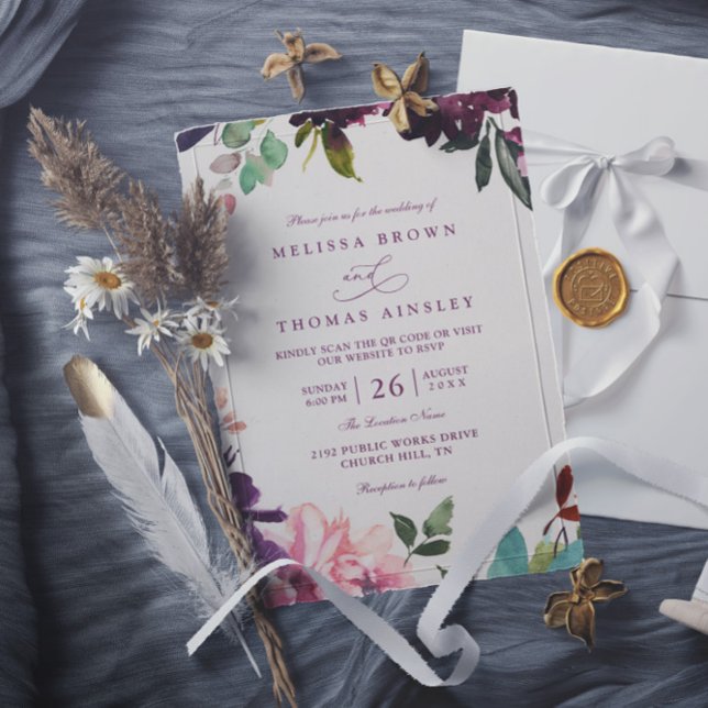 Invitación Burgundy Romantic Florals Elegant QR Code Wedding (Subido por el creador)