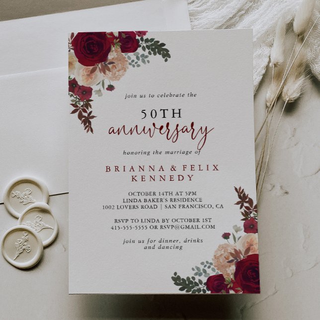 Invitación Burgundy Rosa Floral 50 Aniversario de Boda  (Subido por el creador)