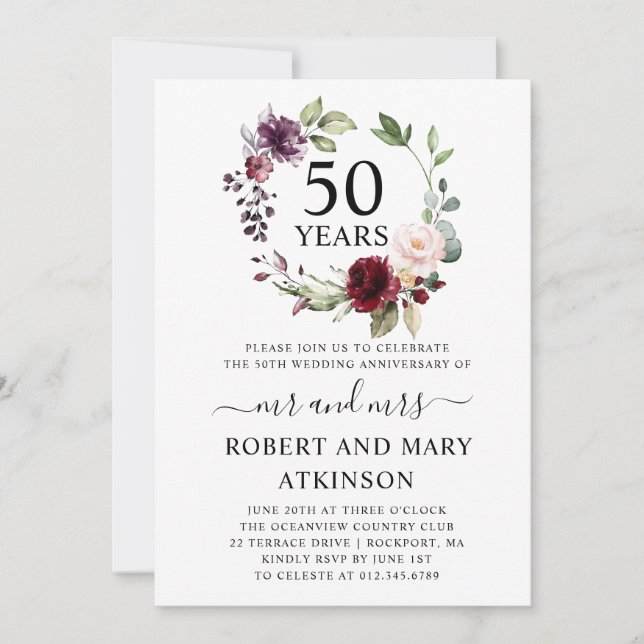 Invitación Burgundy Rosa Floral 50 Aniversario de Boda (Anverso)