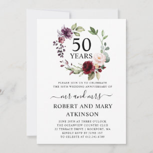 Invitación Burgundy Rosa Floral 50 Aniversario de Boda