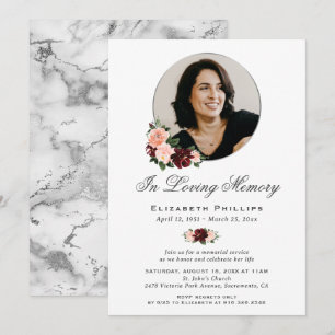 Invitación Burgundy Rosa Floral Mármol Foto Memorial Funeral