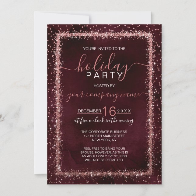 Invitación Burgundy Rosa Gold Confetti Corporate Holiday (Anverso)
