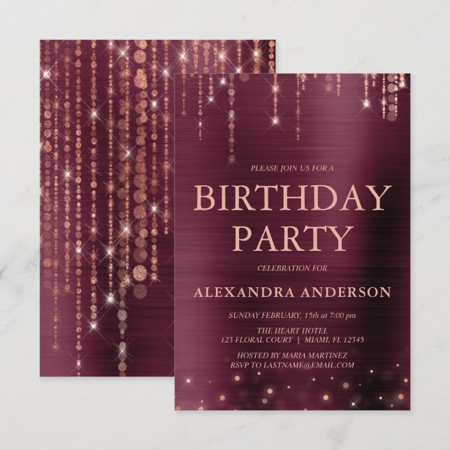 Invitación Burgundy Rosa Gold Cualquier fiesta de cumpleaños  (Anverso / Reverso)