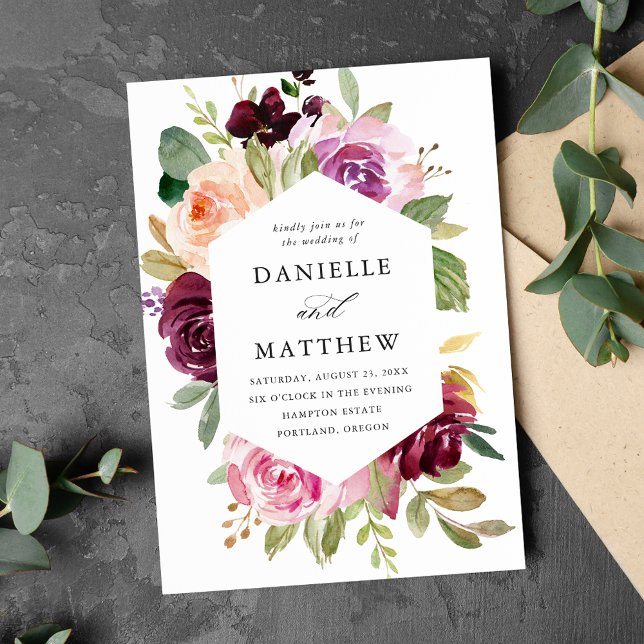 Invitación Burgundy rosa ruso y Boda floral morado (Subido por el creador)