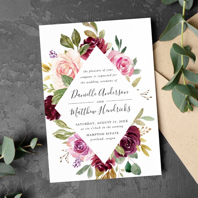Invitación Burgundy rosa ruso y Boda floral morado (Subido por el creador)
