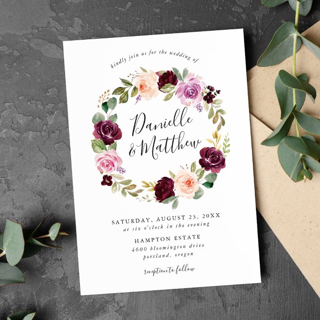 Invitación Burgundy rosa ruso y Boda floral morado (Subido por el creador)