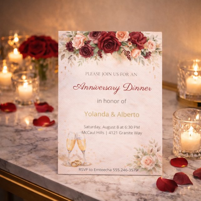 Invitación Burgundy Rose Anniversary Dinner Invitation (Burgundy rose anniversary dinner invitation with rich florals and soft ivory gold accents)