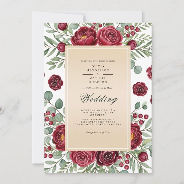 Invitación Burgundy Rose Botanical Wedding (Anverso)