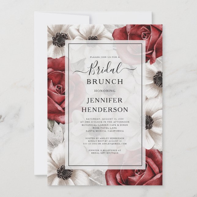 Invitación Burgundy Roses Roses Anemone Floral Bridal Brunch (Anverso)