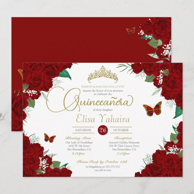 Invitación Burgundy Roses Roses Flor Mariposa Quinceanera (Anverso / Reverso)