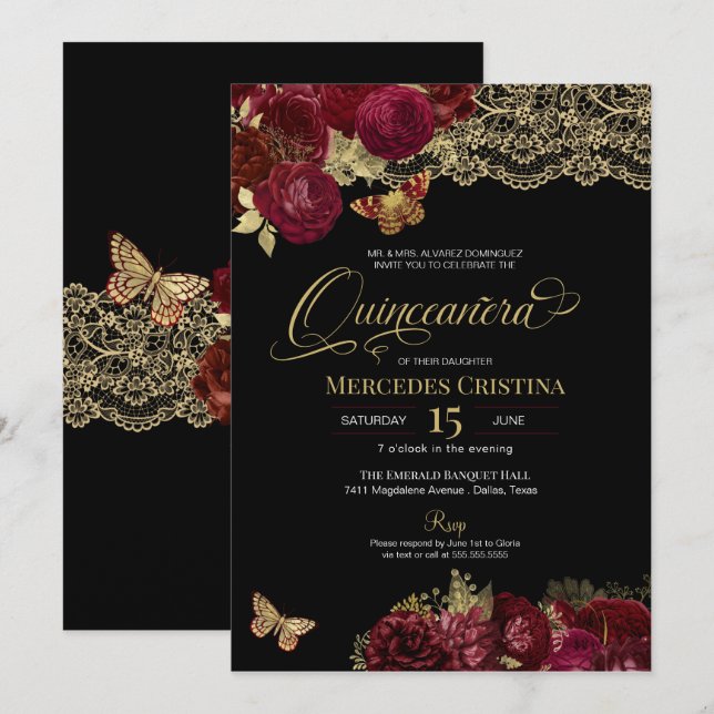 Invitación Burgundy Roses Roses Gold Lace Butterfly Quinceañe (Anverso / Reverso)