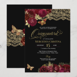 Invitación Burgundy Roses Roses Gold Lace Butterfly Quinceañe