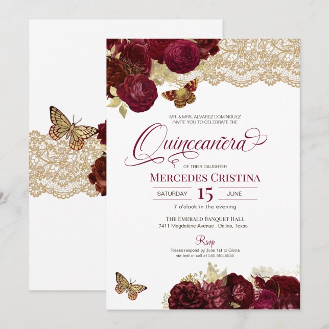 Invitación Burgundy Roses Roses Gold Lace Butterfly Quinceañe (Anverso / Reverso)