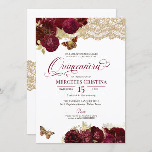 Invitación Burgundy Roses Roses Gold Lace Butterfly Quinceañe