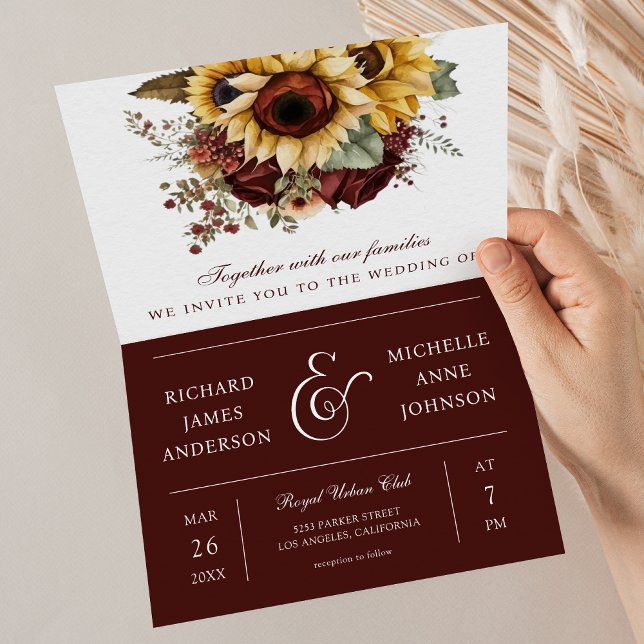 Invitación Burgundy Roses Sunflowers QR Code Wedding (Subido por el creador)