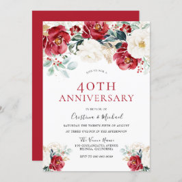 Invitación Burgundy Rubí Rojo Blanco 40 Aniversario de Boda