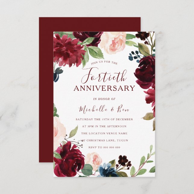 Invitación Burgundy Rubí Rojo Floral 40 Aniversario de Boda (Anverso / Reverso)