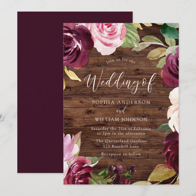Invitación Burgundy Rubor acuarela Boda rústico (Anverso / Reverso)