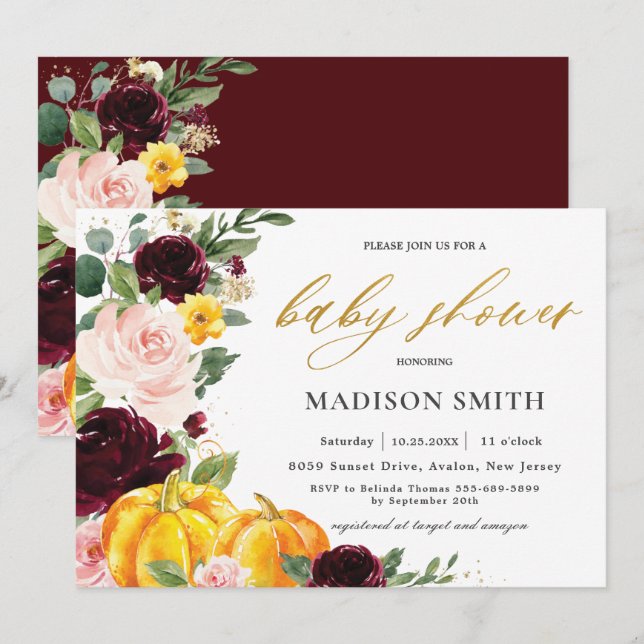 Invitación Burgundy Rubor Fall Floral Pumpkins Baby Shower    (Anverso / Reverso)