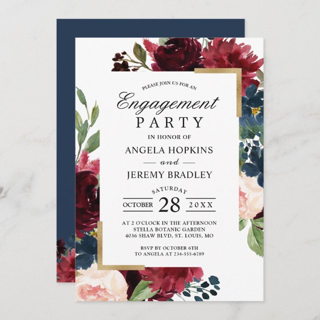 Invitación Burgundy Rubor Floral Blue Gold Engagement Party (Anverso / Reverso)