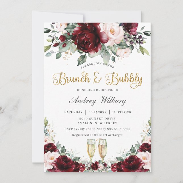 Invitación Burgundy Rubor Floral Brunch Bubbly Bridal Shower (Anverso)