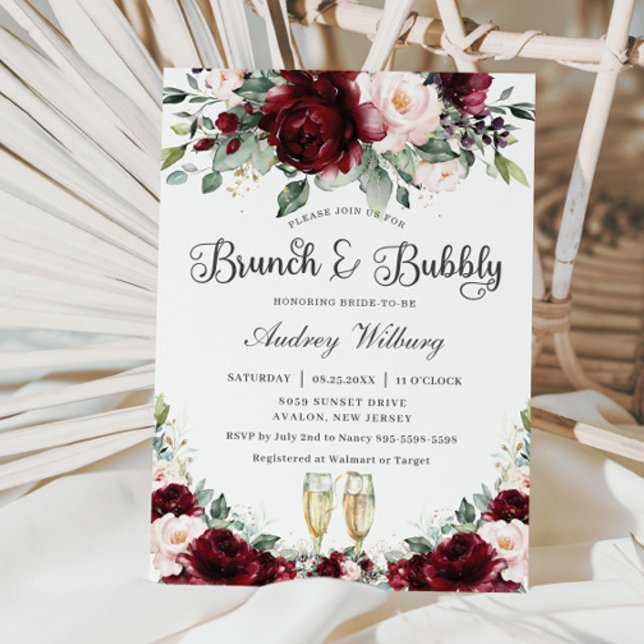 Invitación Burgundy Rubor Floral Brunch Bubbly Bridal Shower (Subido por el creador)
