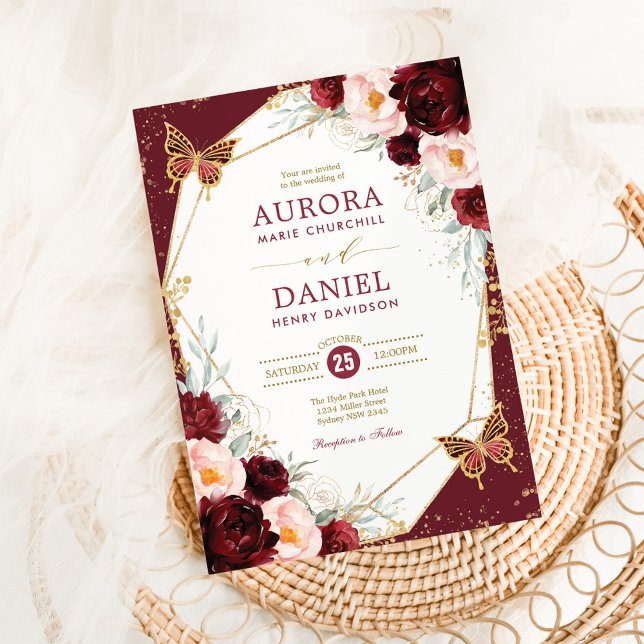 Invitación Burgundy Rubor Floral Butterfly Geométrico Boda (Subido por el creador)