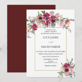 Invitación Burgundy Rubor floral con marco dorado