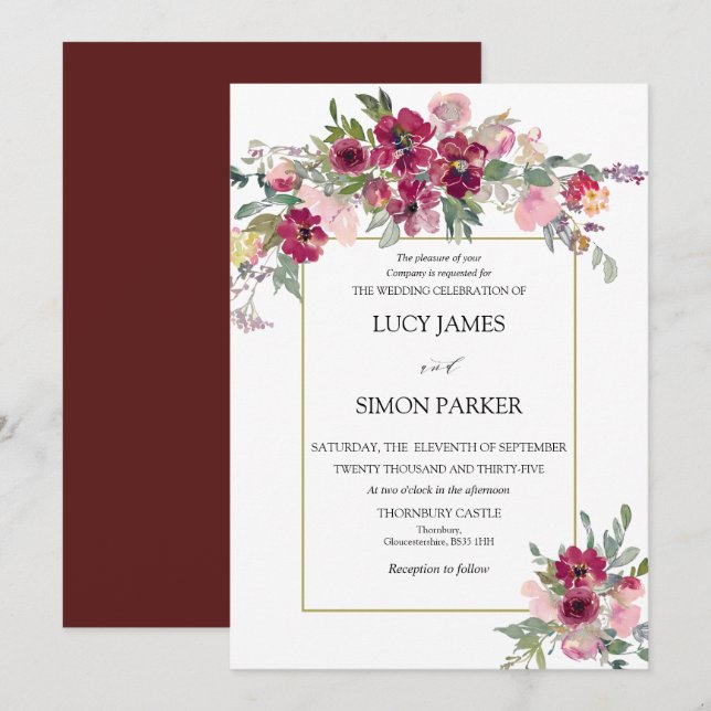 Invitación Burgundy Rubor floral con marco dorado (Anverso / Reverso)